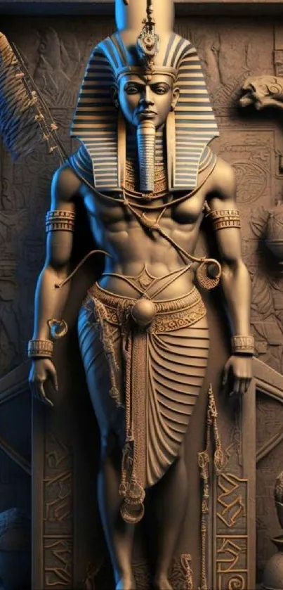 Statue of an Egyptian Pharaoh with ornate details and ancient symbolism.
