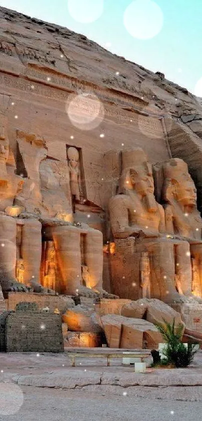 Ancient Egyptian rock carving with statues at sunset.