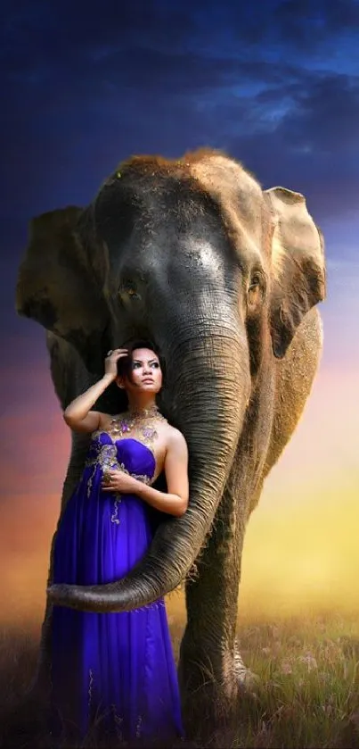 Woman in purple dress with elephant under vibrant sky.