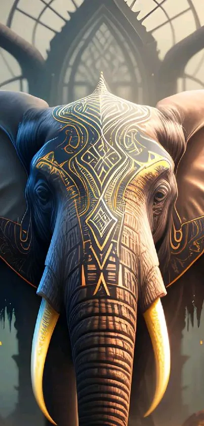 Intricate elephant art on mobile wallpaper.