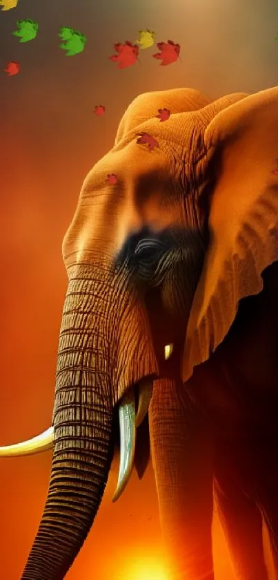 A majestic elephant in a vibrant sunset, rich orange hues highlighting its grandeur.