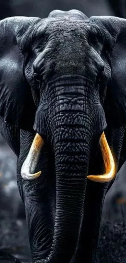 Majestic elephant with tusks in dark forest.
