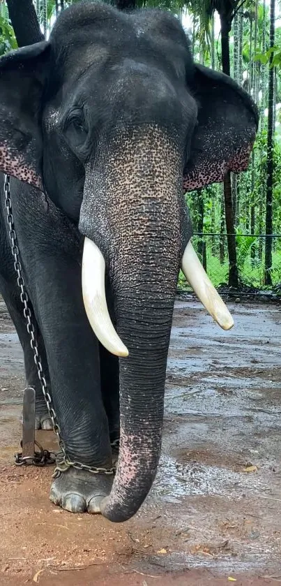 Majestic chained elephant in a serene forest setting mobile wallpaper.