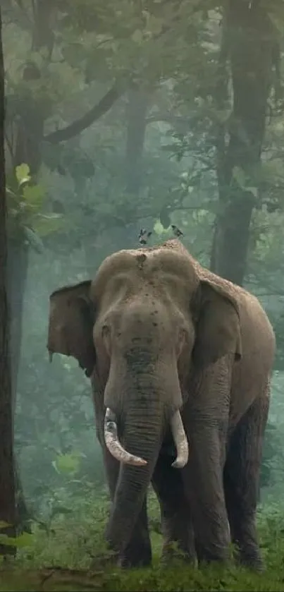 Elephant standing in a lush green forest, creating a serene view.