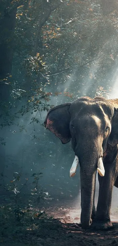 Majestic elephant walking in forest light.