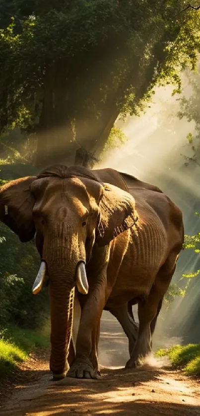 Elephant walking through sunlit forest path, surrounded by lush greenery.