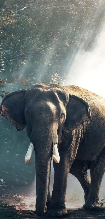 Elephant walking through sunlit forest path, showcasing nature's beauty.