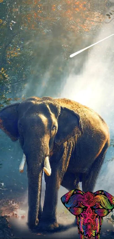 A majestic elephant stands in sunlit forest with artistic flair.