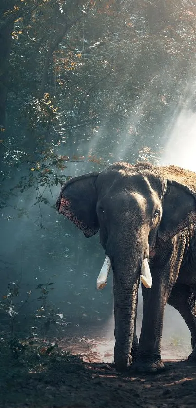 Elephant standing in a sunlit forest with rays filtering through trees.