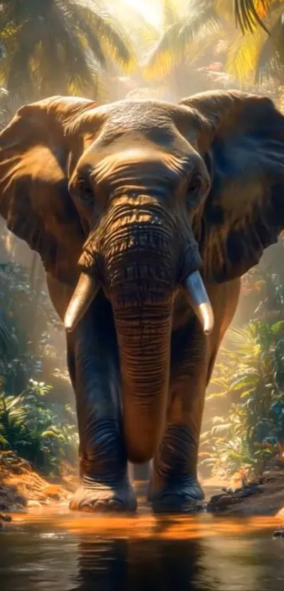 Majestic elephant walking in a sunlit jungle with lush greenery.