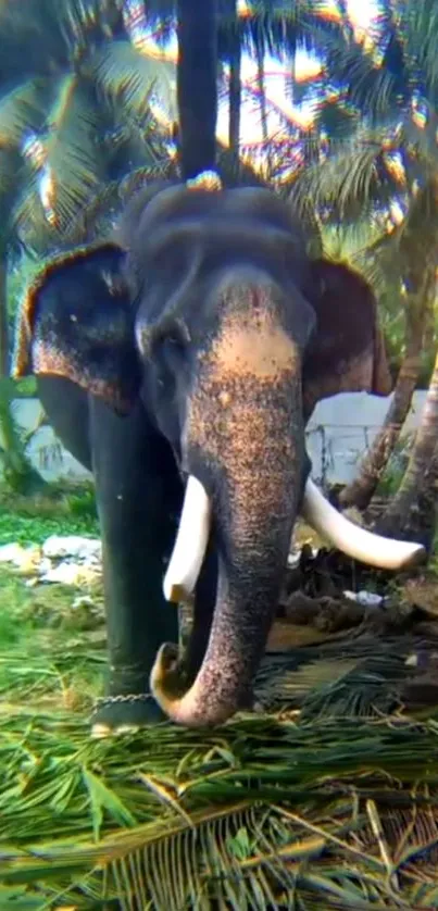 Majestic elephant in lush green jungle with palm trees.