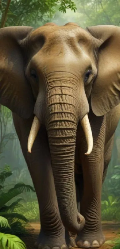 Majestic elephant standing in lush jungle background.