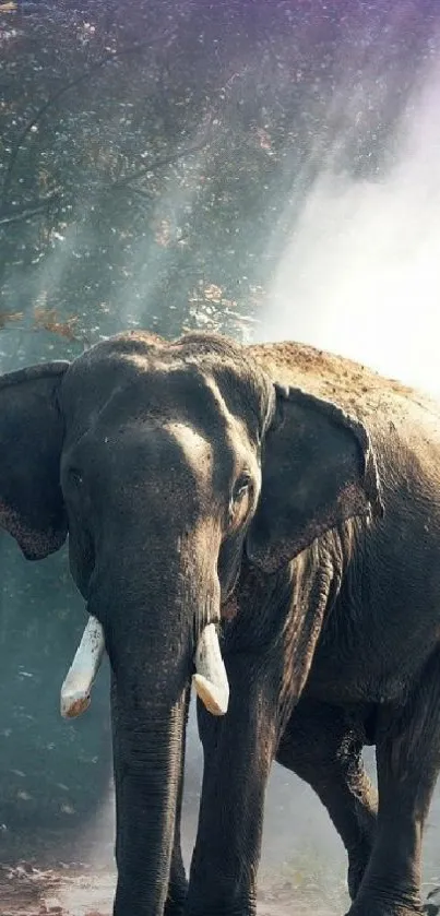 Majestic elephant walking through a misty forest with sunlight filtering through trees.