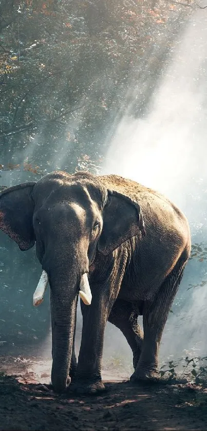 Majestic elephant walking through misty forest with soft sunlight filtering through trees.