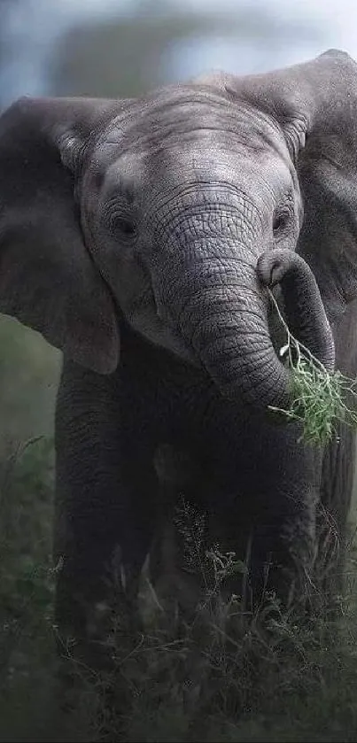 Baby elephant roaming in lush greenery, captured elegantly.