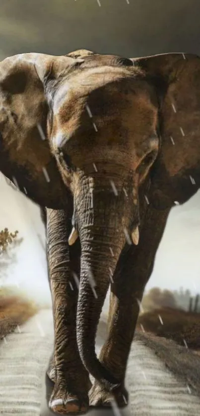 Majestic elephant walking in rain on a serene path.