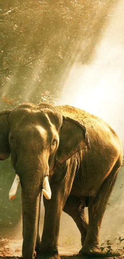 Elephant walking in sunlit forest path mobile wallpaper.