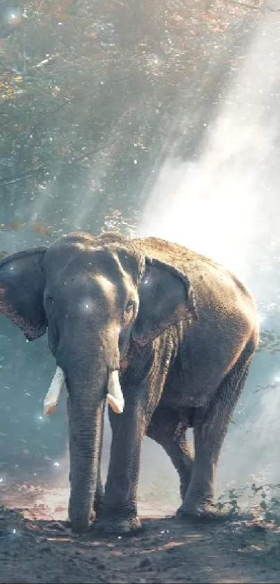 Majestic elephant walking through sunlit forest path.