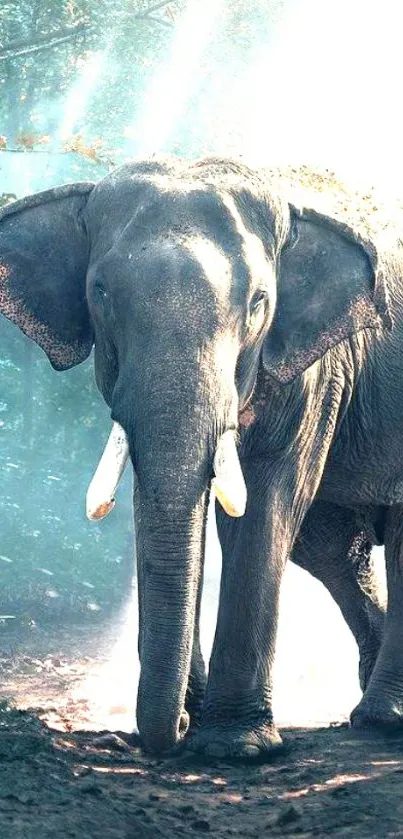 Elephant walking through sunlit forest with rays of light.