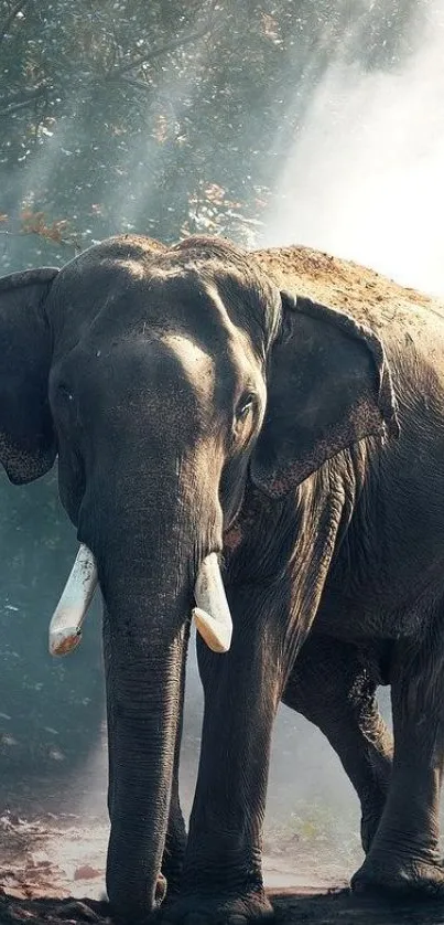 Majestic elephant in natural forest setting with sunlight filtering through trees.