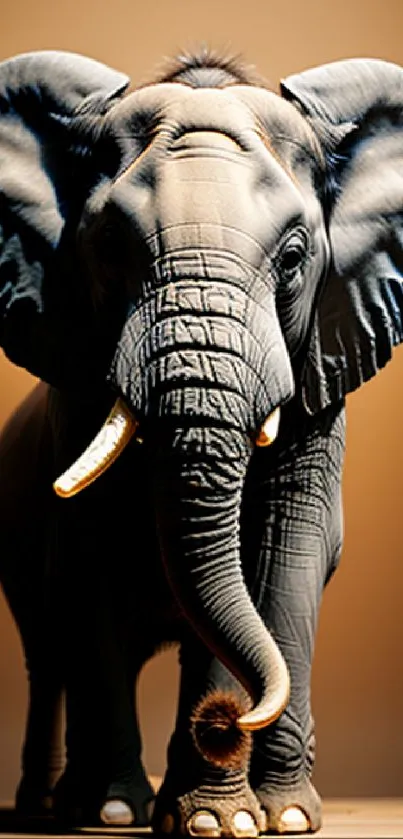 A majestic elephant stands against a warm beige backdrop in this stunning wallpaper.