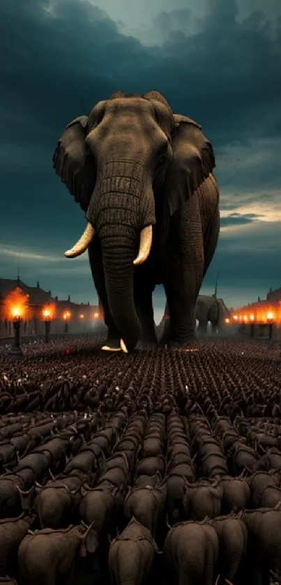 Majestic elephant leads a parade under a dramatic sky in artistic wallpaper.