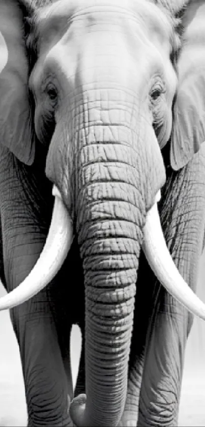 Majestic elephant in grayscale walking towards the viewer.