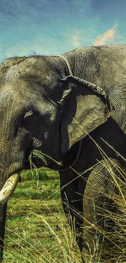 Majestic elephant in natural landscape, vibrant mobile wallpaper.