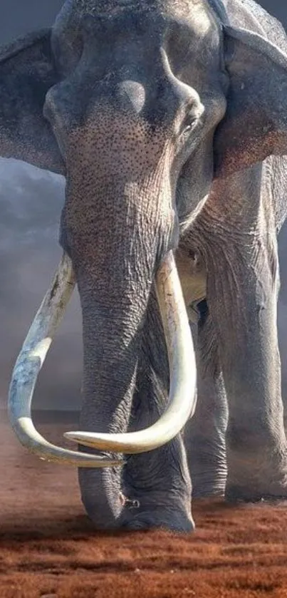 Majestic elephant standing in a vast, misty landscape with large tusks.