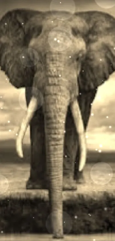 Sepia-toned majestic elephant standing against a dramatic sky.