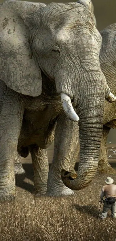 Man standing near large elephants in a grassy field.