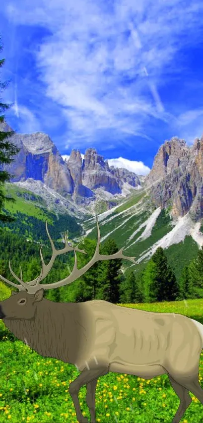 A majestic elk stands against a stunning mountain landscape with clear blue skies.