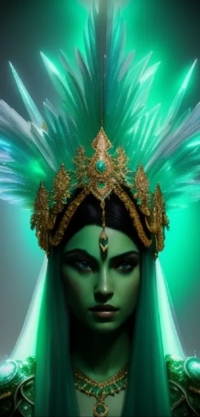 Emerald goddess with crystal crown and gold details.