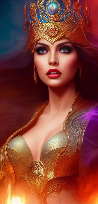 Fantasy art wallpaper of enchanted woman in golden armor with fiery backdrop.