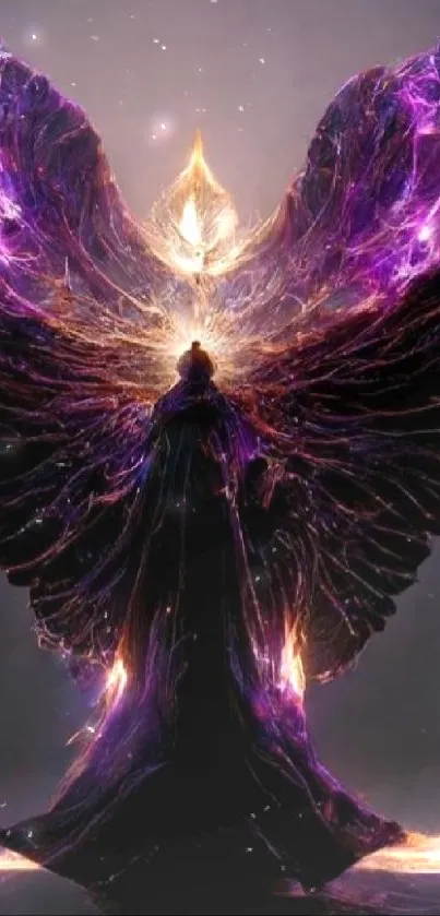 Ethereal being with vibrant purple mystical wings on a mobile wallpaper.