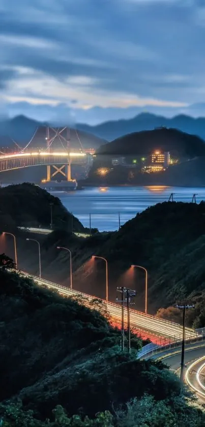 Serene night view of a beautifully lit bridge over water.