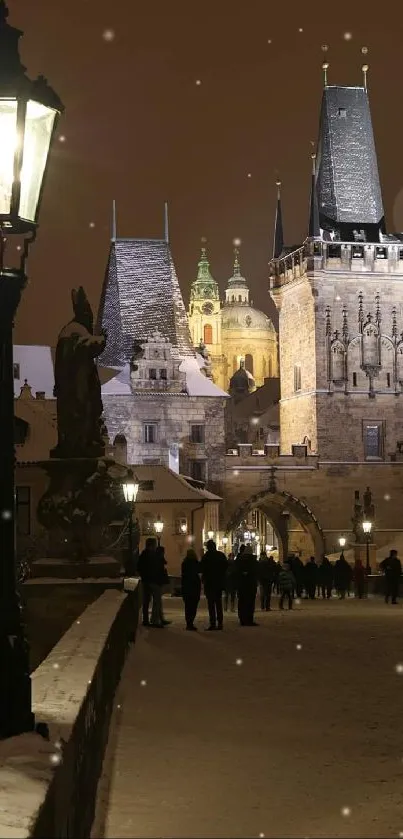 Nighttime view of historical European cityscape with illuminated architecture.