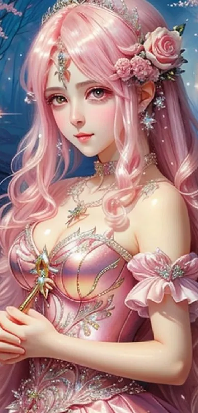 Fantasy princess with pink hair in a magical forest setting wallpaper.