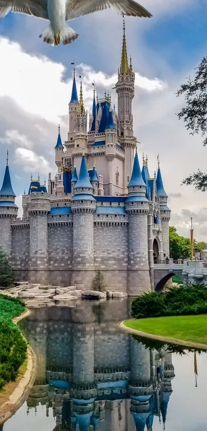 Majestic castle with blue spires and reflections on a tranquil lake.