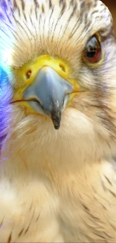 Close-up shot of a majestic falcon's face with intricate feather details.