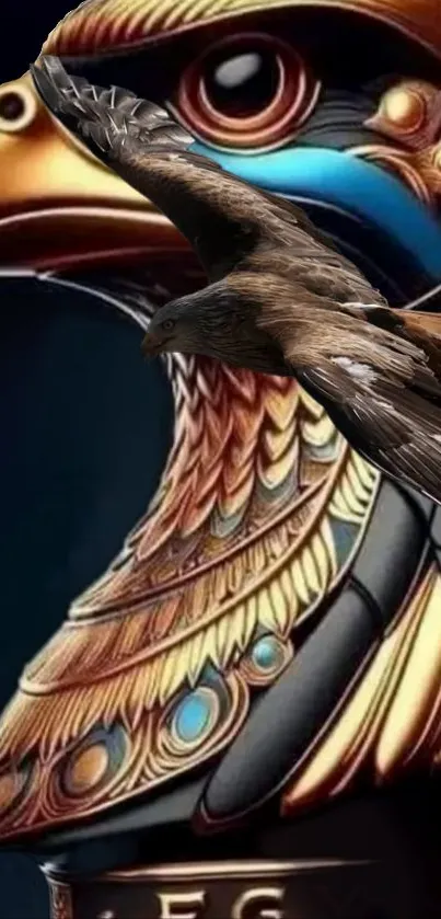 Fantasy falcon with golden details on dark background.