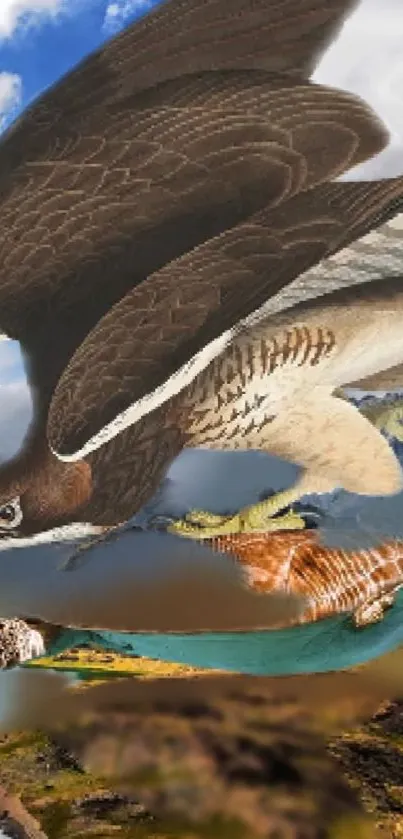 Falcon soaring over mountains with blue skies.