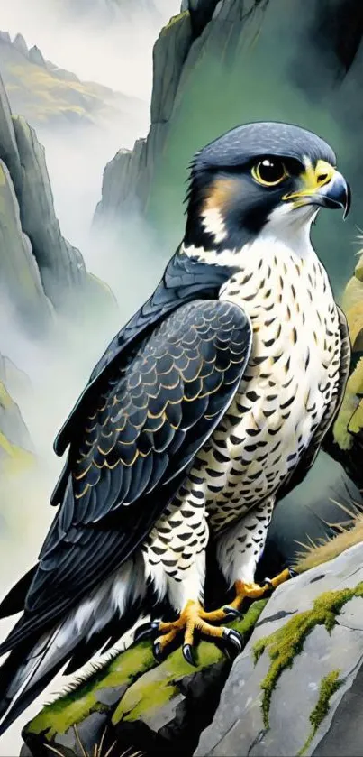 Illustrated falcon perched on rocky mountain landscape.