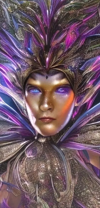 A golden figure with vibrant purple feathers in a fantasy art style.