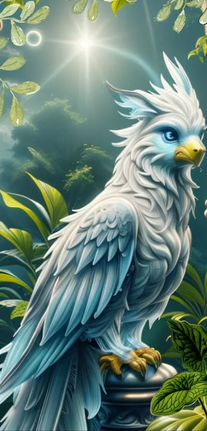 Detailed fantasy bird perched in an enchanted forest with glowing light.