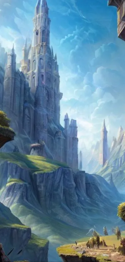 Majestic fantasy castle amidst sky-blue mountains.