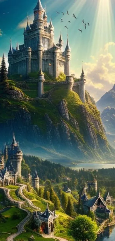 Enchanting fantasy castle on lush hills under a radiant sky.