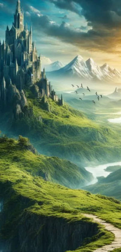 Breathtaking fantasy landscape with castle, mountains, and lush greenery for mobile wallpaper.