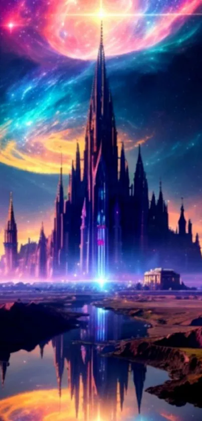 A mystical castle under a vibrant galaxy sky.