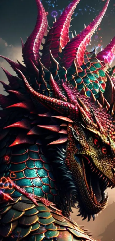 Vibrant dragon with colorful scales and intricate details in a fantasy setting.